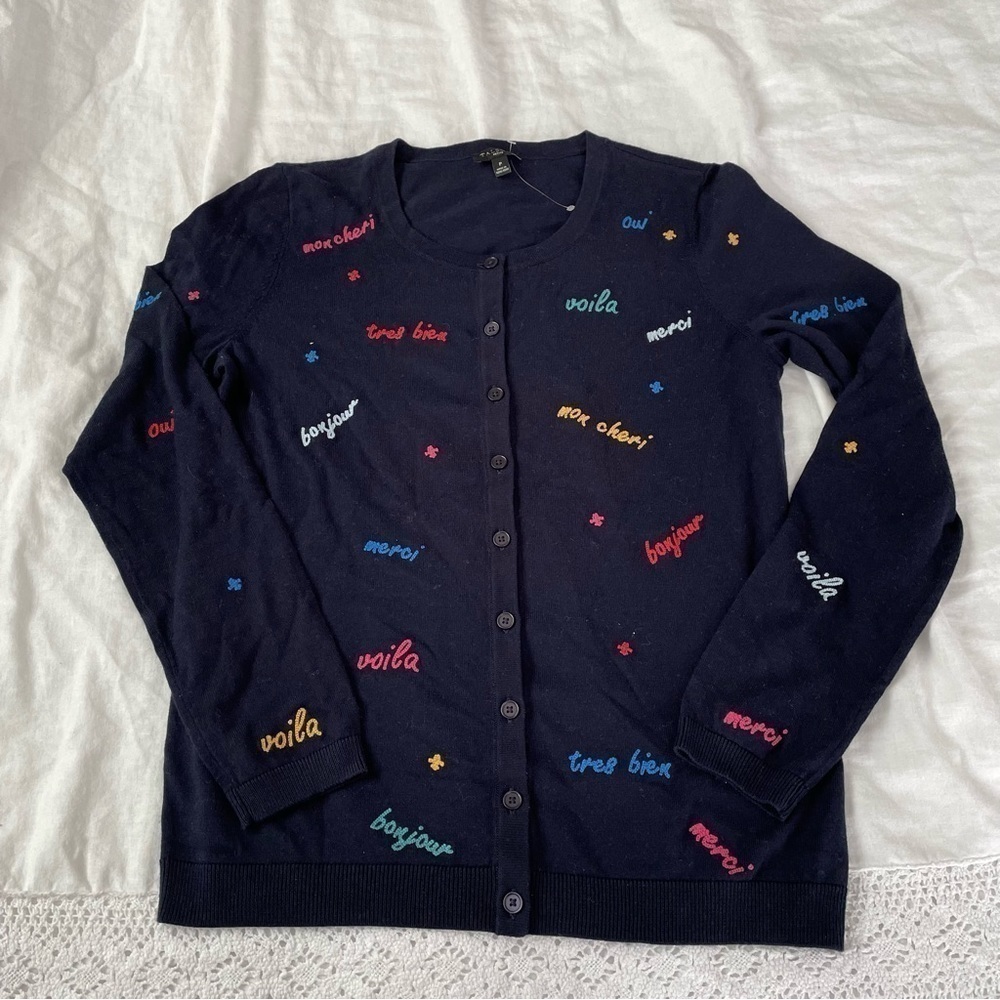 NEW Talbots Size Petite Long Sleeve Navy Blue Embroidered French Words Cardigan